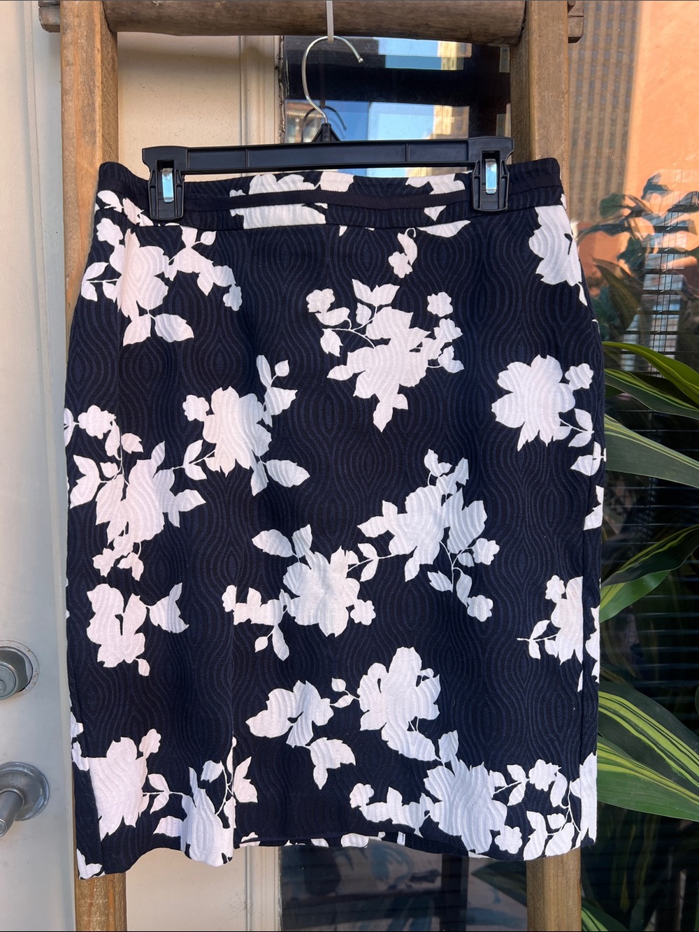 Talbots Navy Pencil Skirt with White Floral Print